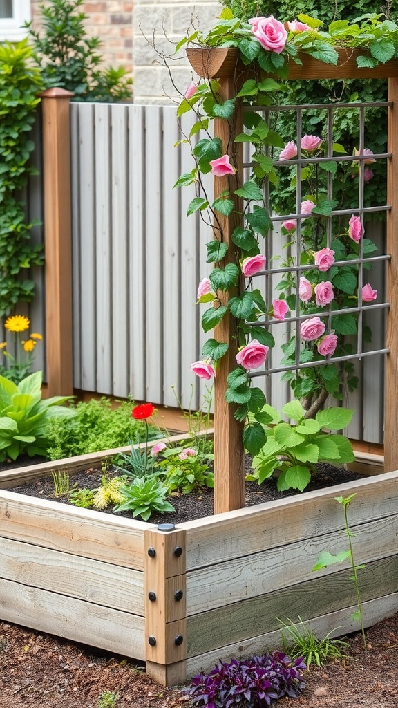 A raised garden bed with a trellis decorated with climbing roses.