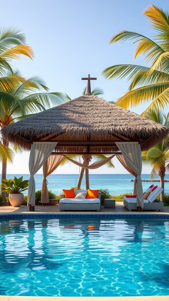 A tropical cabana by a pool with palm trees and a beautiful ocean view.