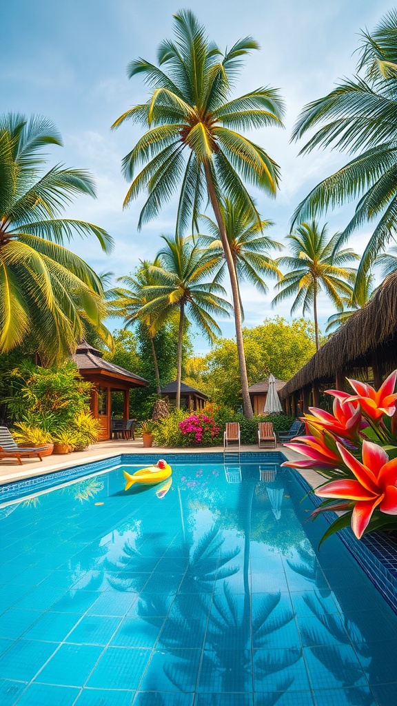 A beautiful tropical pool surrounded by palm trees and colorful flowers, with a yellow pool float and lounge chairs.