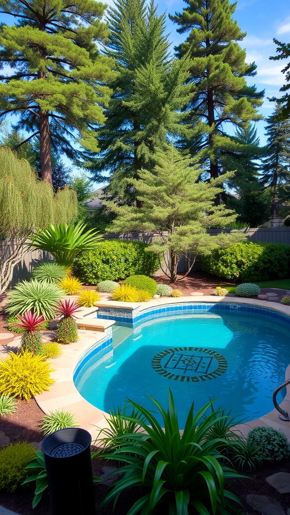 Tropical plants and palm trees surrounding an above ground pool