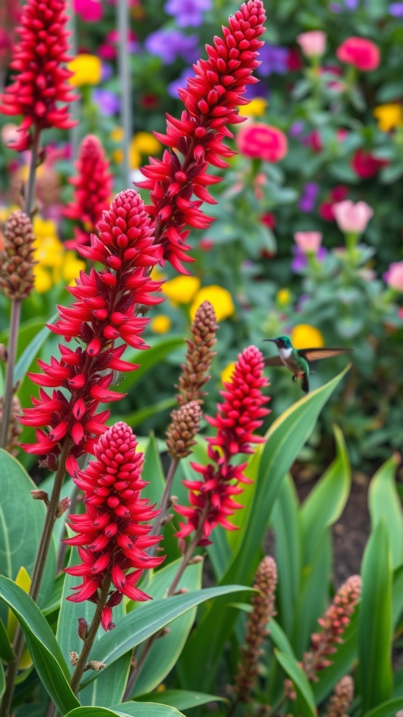 Bright red spikes of tropical sage flowers with green leaves and colorful background flowers.