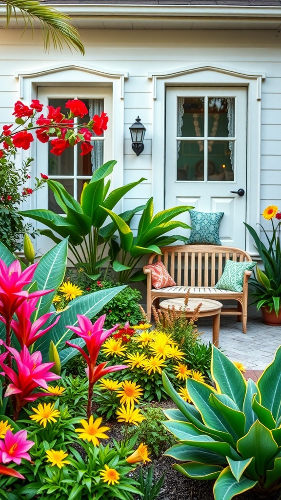 A vibrant tropical flower bed with yellow and pink flowers and lush green leaves in front of a house.