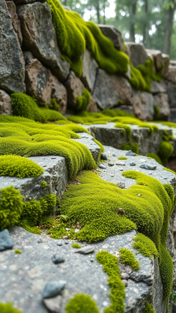 Close-up of vibrant green moss growing over rocky stones