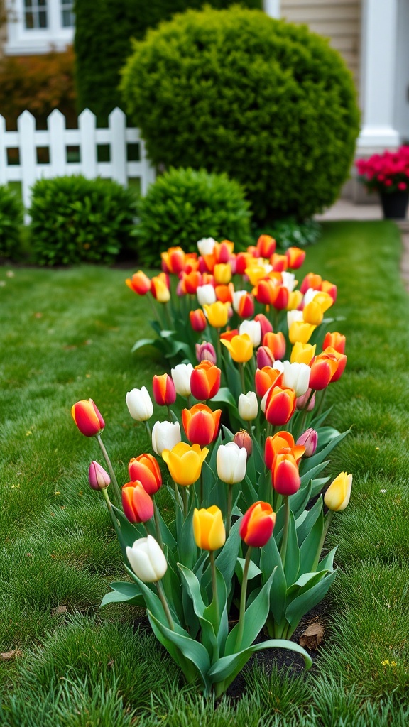 Colorful tulips in a well-maintained front yard