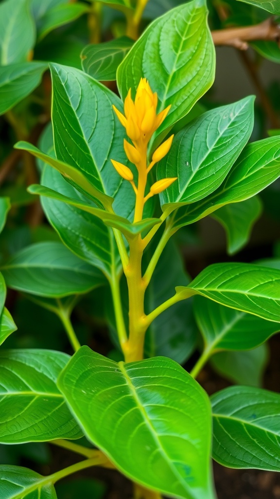 Bright orange turmeric roots with lush green leaves growing in soil