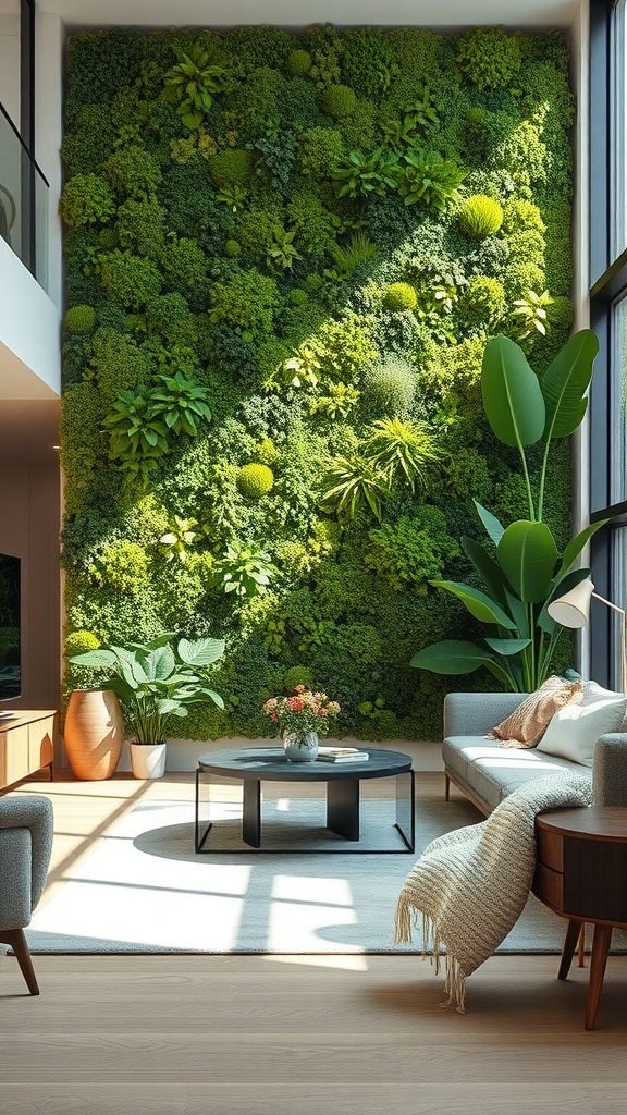 A vibrant indoor moss wall adorned with various green plants, complementing a modern living space.