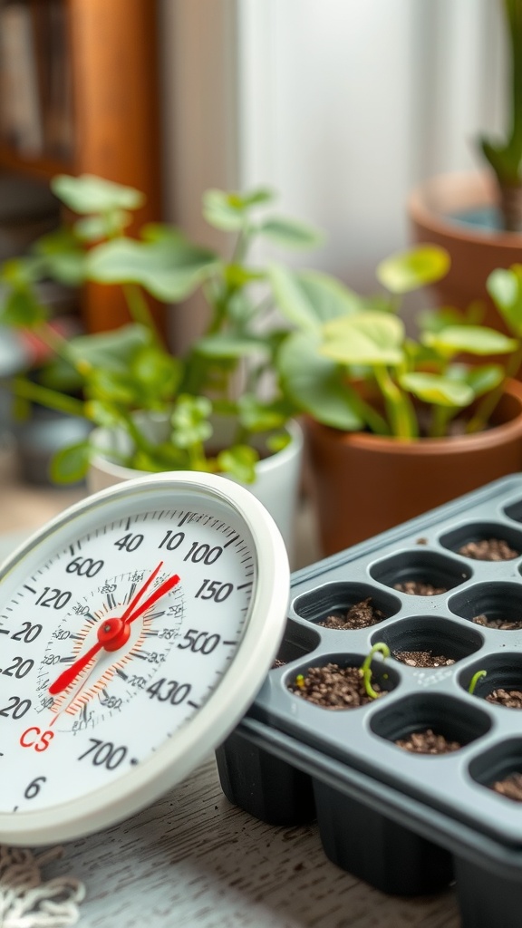 Thermometer next to seedling tray showing temperature for growing seedlings indoors.