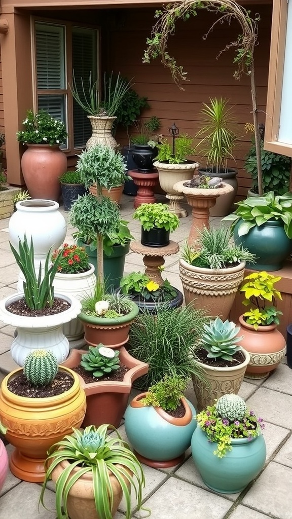 A variety of unique planters filled with different types of plants arranged on a patio