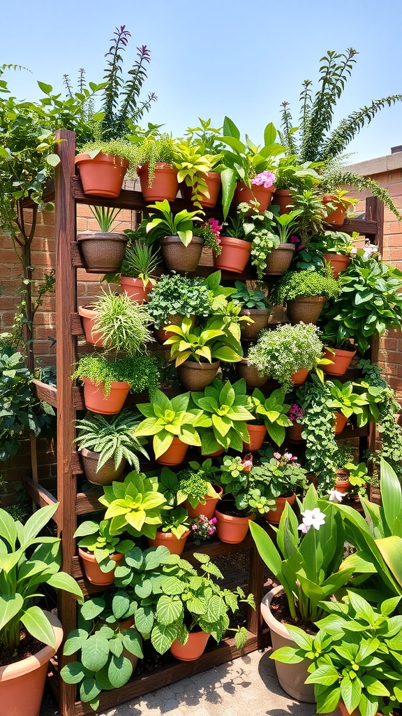 A vertical plant structure filled with various potted plants in a sunny setting.