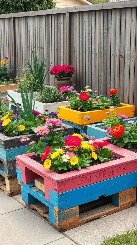 Colorful upcycled pallet garden beds filled with flowers in a backyard setting.