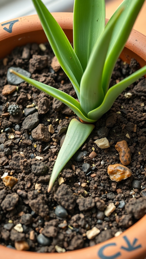 Close-up of a Snake Plant in well-draining soil mix with pebbles.