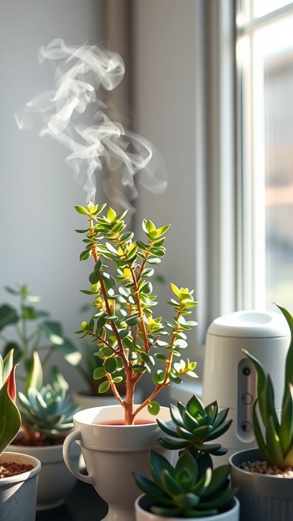A Jade plant with steam rising, surrounded by other succulents and a humidifier, illustrating humidity care.