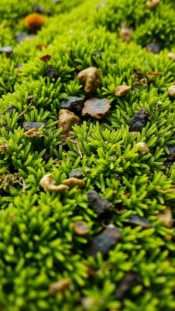 Lush green moss carpet with small stones