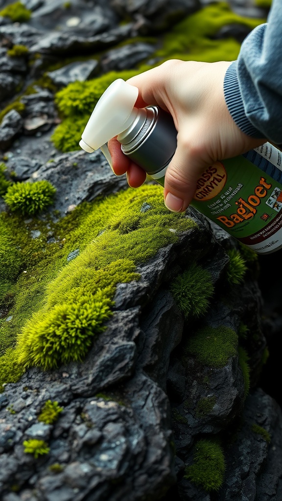 A hand spraying moss growth solution on rocks covered with lush green moss.