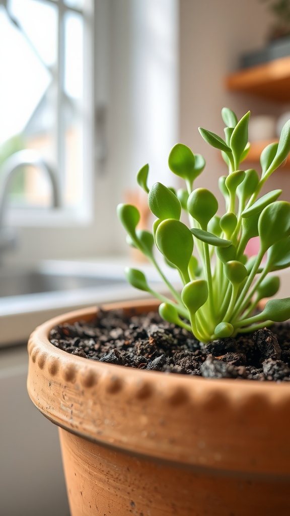 A healthy jade plant in a terracotta pot with well-draining soil, indoors near a window.