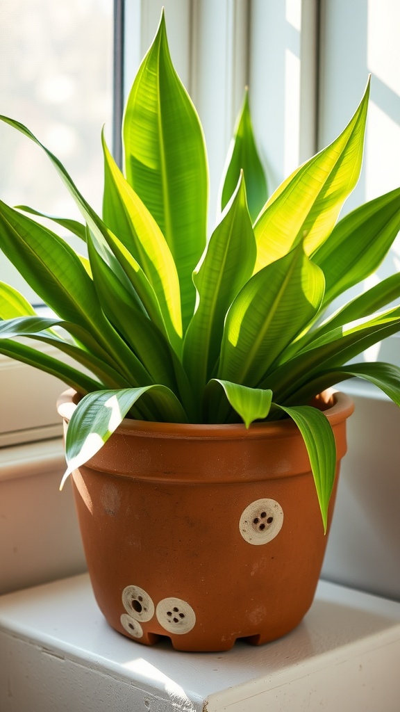 A snake plant in a wide terracotta pot with drainage holes, placed near a window.