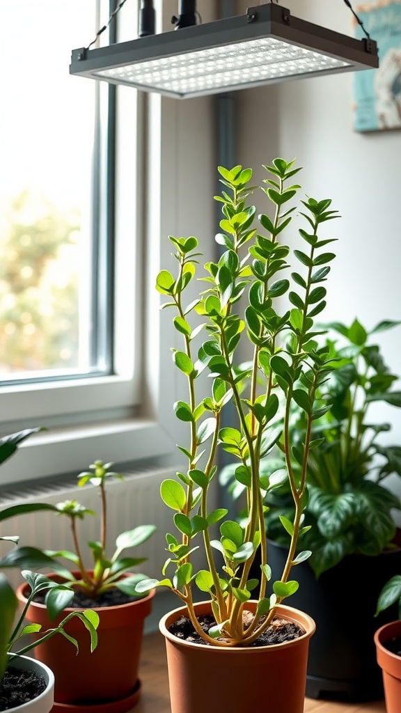 A jade plant under LED grow lights in a bright indoor setting.