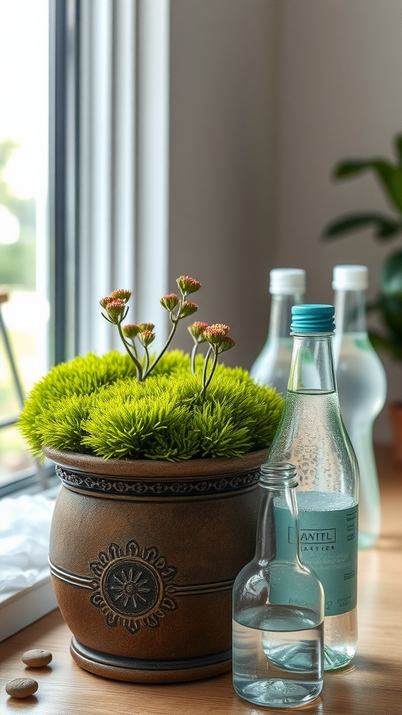 A beautiful dish garden with vibrant green moss and glass water bottles on a wooden table.