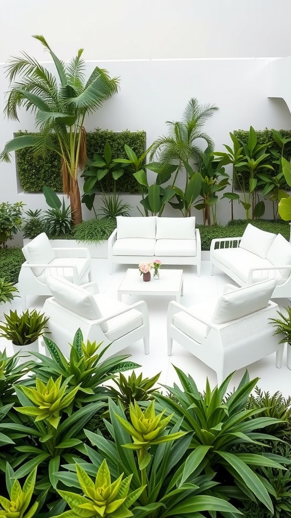 A modern minimalist garden with white furniture surrounded by lush green plants.