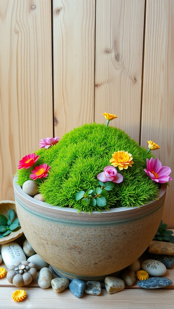 Container garden featuring vibrant green moss and colorful flowers in a pot