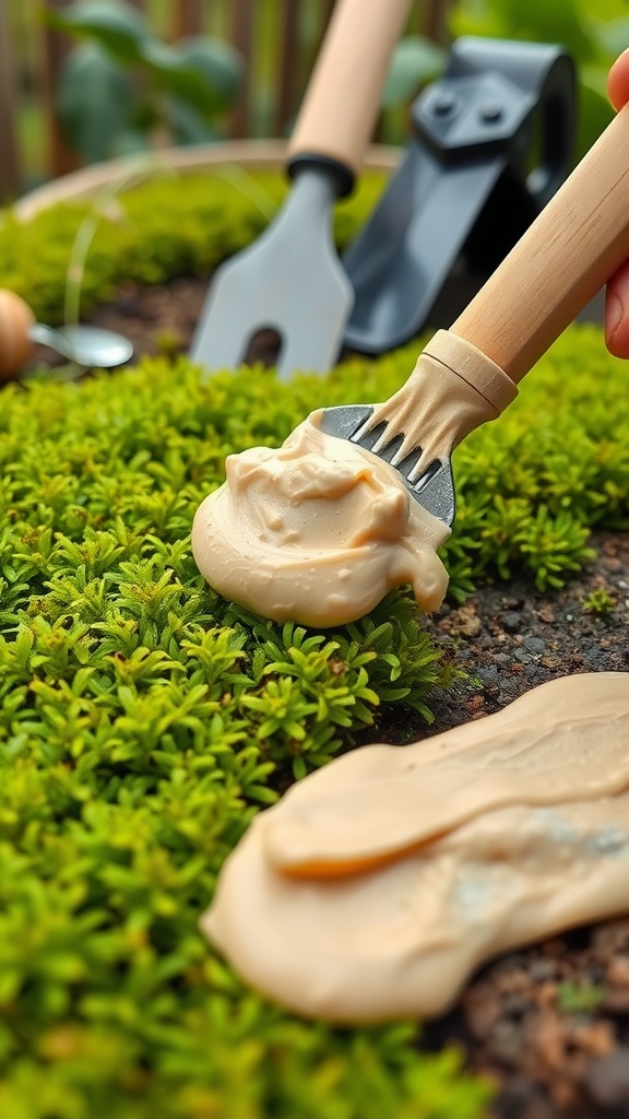 A hand spreading moss paste on a green moss bed using a small gardening tool.