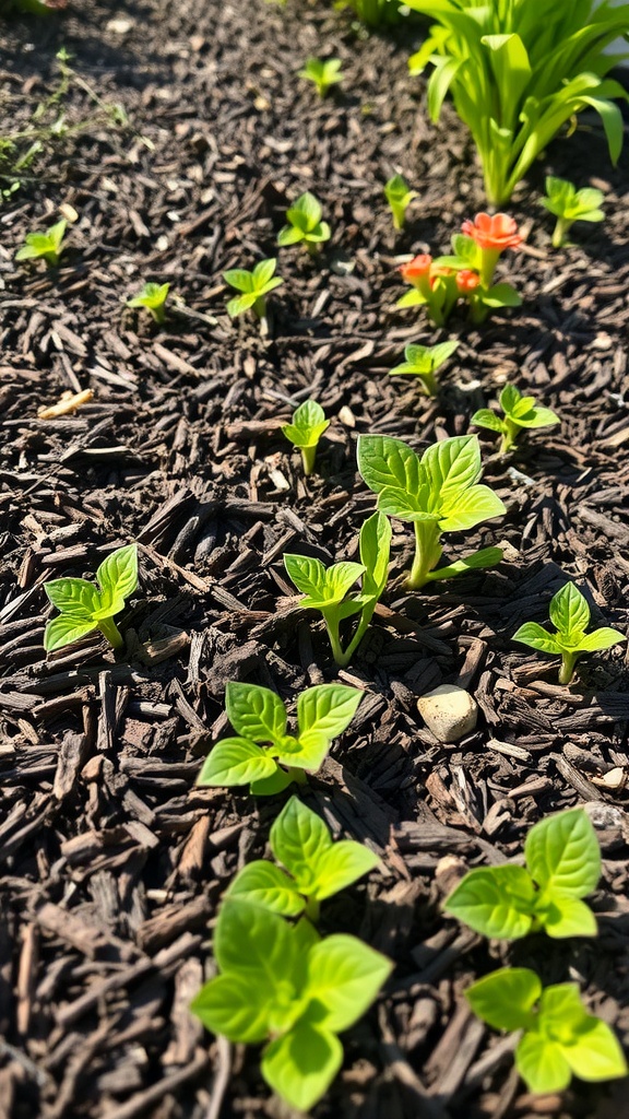 A close-up view of green seedlings growing in dark, dense mulch.