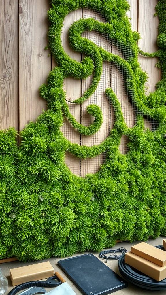 A vibrant green moss wall art secured with mesh on a wooden background.