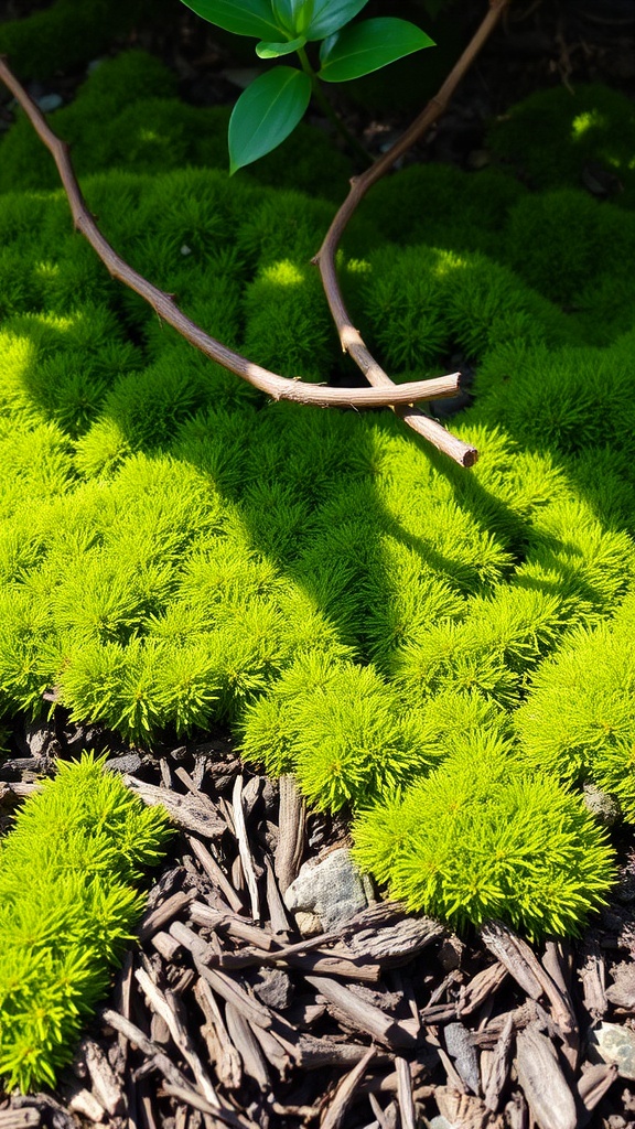 A bright green moss garden with organic mulch in the foreground