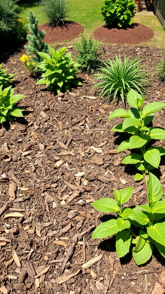 A hand holding a bottle of pre-emergent herbicide in a garden bed with mulch and young plants.