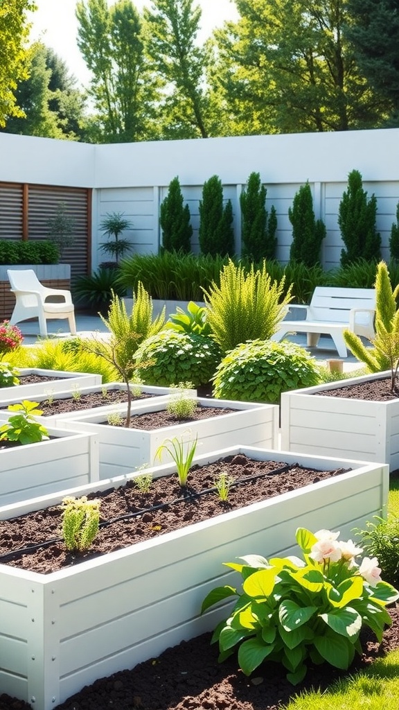Modern garden design with white raised planters and minimalist white furniture surrounded by lush green plants.
