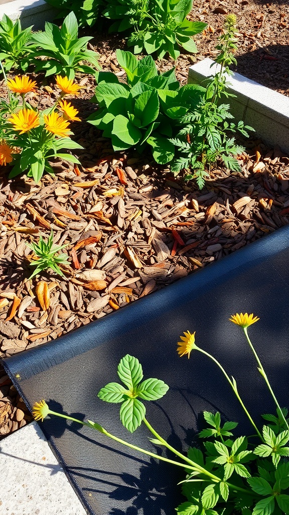 Weed barrier fabric laid under mulch with flowers and greenery in a garden setting.