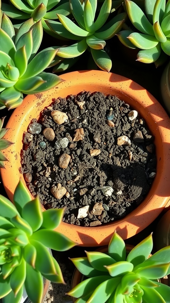 A terracotta pot with well-draining soil surrounded by Jade plants.