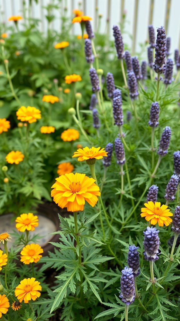 A garden featuring vibrant marigolds and lavender flowers, known for repelling flies.