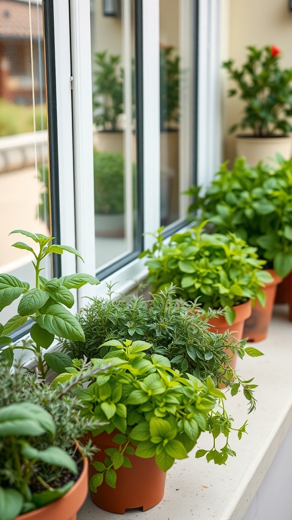 Fresh herbs in pots on a windowsill