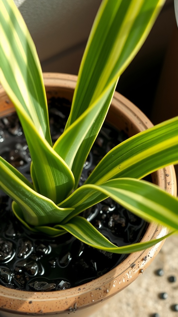 Close-up of a snake plant in a pot with wet soil and roots