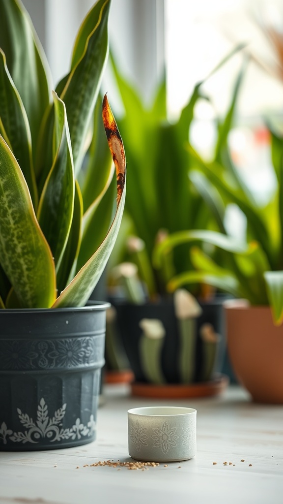 A close-up of a snake plant with a damaged leaf, highlighting the effects of over-fertilization.