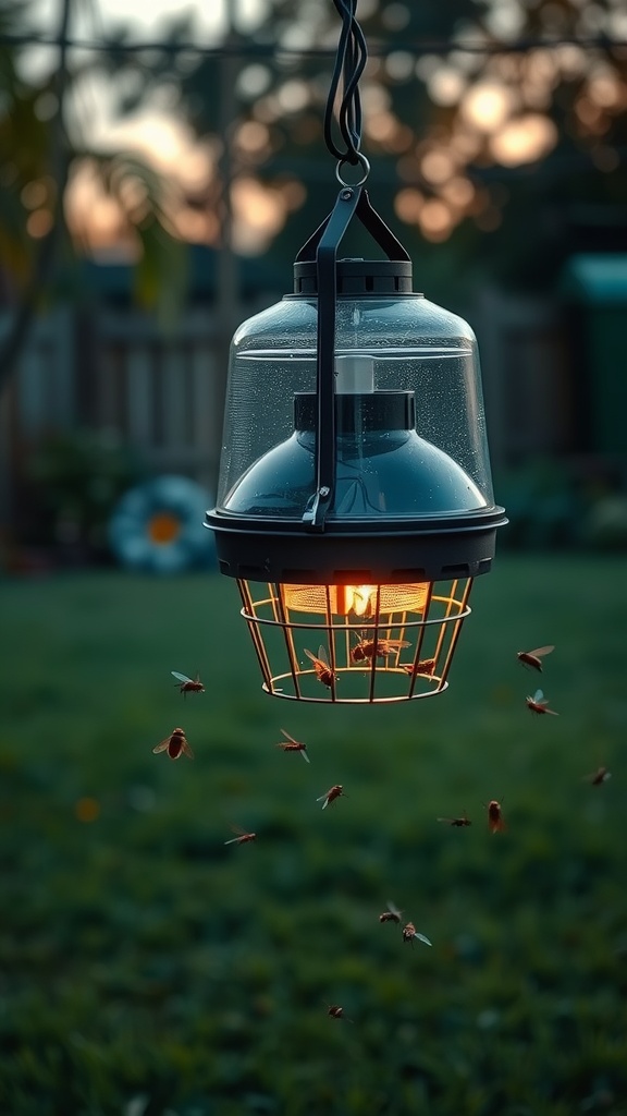 An outdoor fly zapper hanging in a backyard, attracting flies with its light.