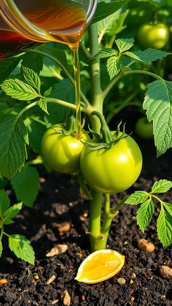 A jar pouring banana peel tea onto green tomato plants