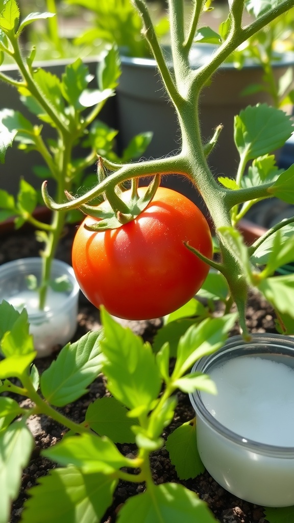 A ripe tomato on a plant surrounded by healthy green leaves and Epsom salt solution in small containers