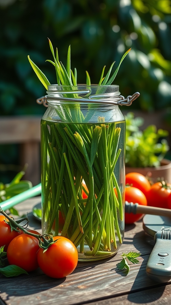 A jar filled with fresh grass clippings, surrounded by ripe tomatoes and gardening tools.
