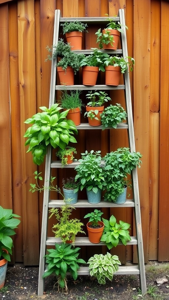 Vertical garden ladder filled with potted herbs against a wooden background.