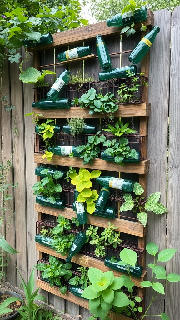 Vertical garden made using recycled bottles and wooden frame, showcasing lush green plants.