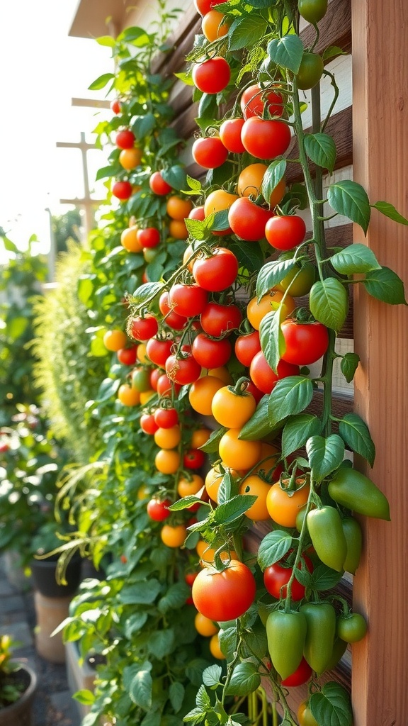 A vertical garden with ripe tomatoes and peppers growing on a trellis