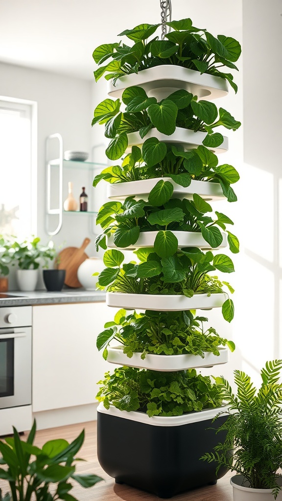 A vertical hydroponic garden filled with plants, set in a modern kitchen.