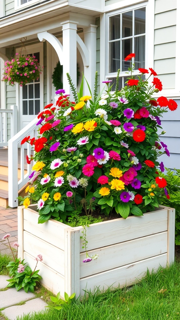 Colorful vertical raised bed garden filled with flowers in front of a house.