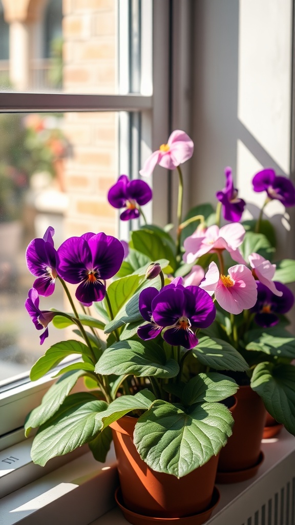 African Violets in pots by a sunny west-facing window