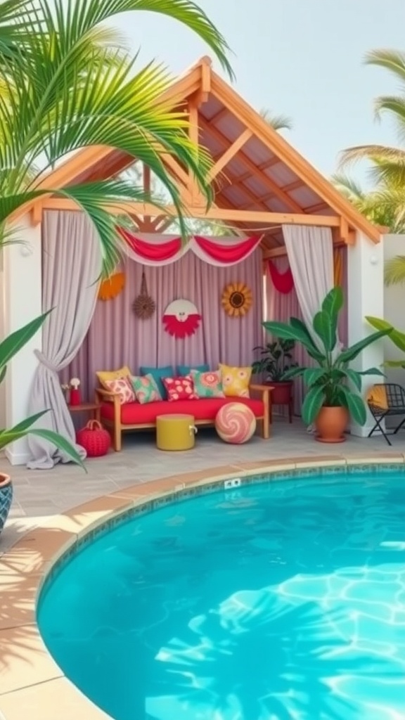 A vibrant poolside cabana with colorful accents, including a red sofa and bright pillows, surrounded by greenery and a sparkling pool.