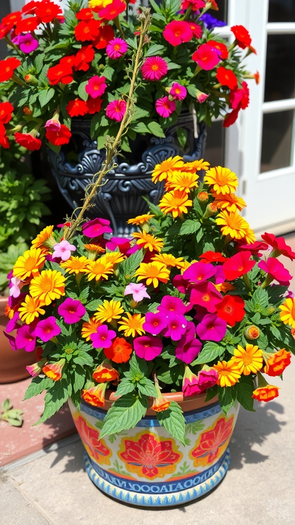 A colorful arrangement of potted flowers including red impatiens, marigolds, and zinnias in decorative pots.