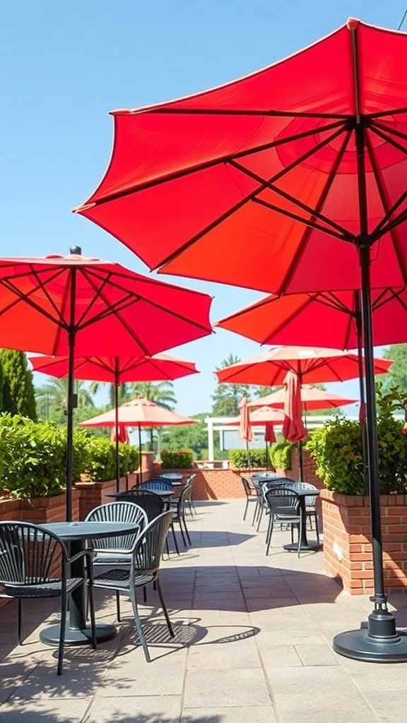 A patio with red umbrellas, creating a vibrant outdoor dining space