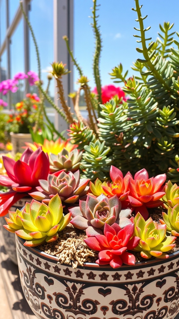 Colorful succulent plants in a patterned pot with a blue sky in the background.